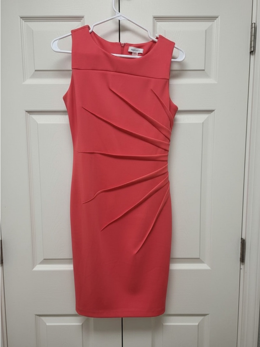 Mother’s Day Dress. Calvin Klein Coral-Red Sleeveless Sheath Midi Dress